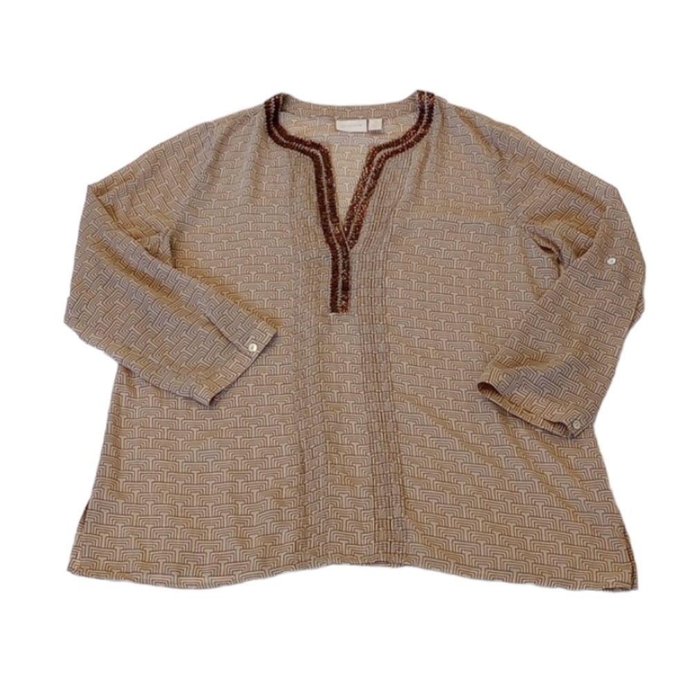 Chicos Womens Blouse Size Large Brown Tan  Beads Oversized Geometric Print Sheer